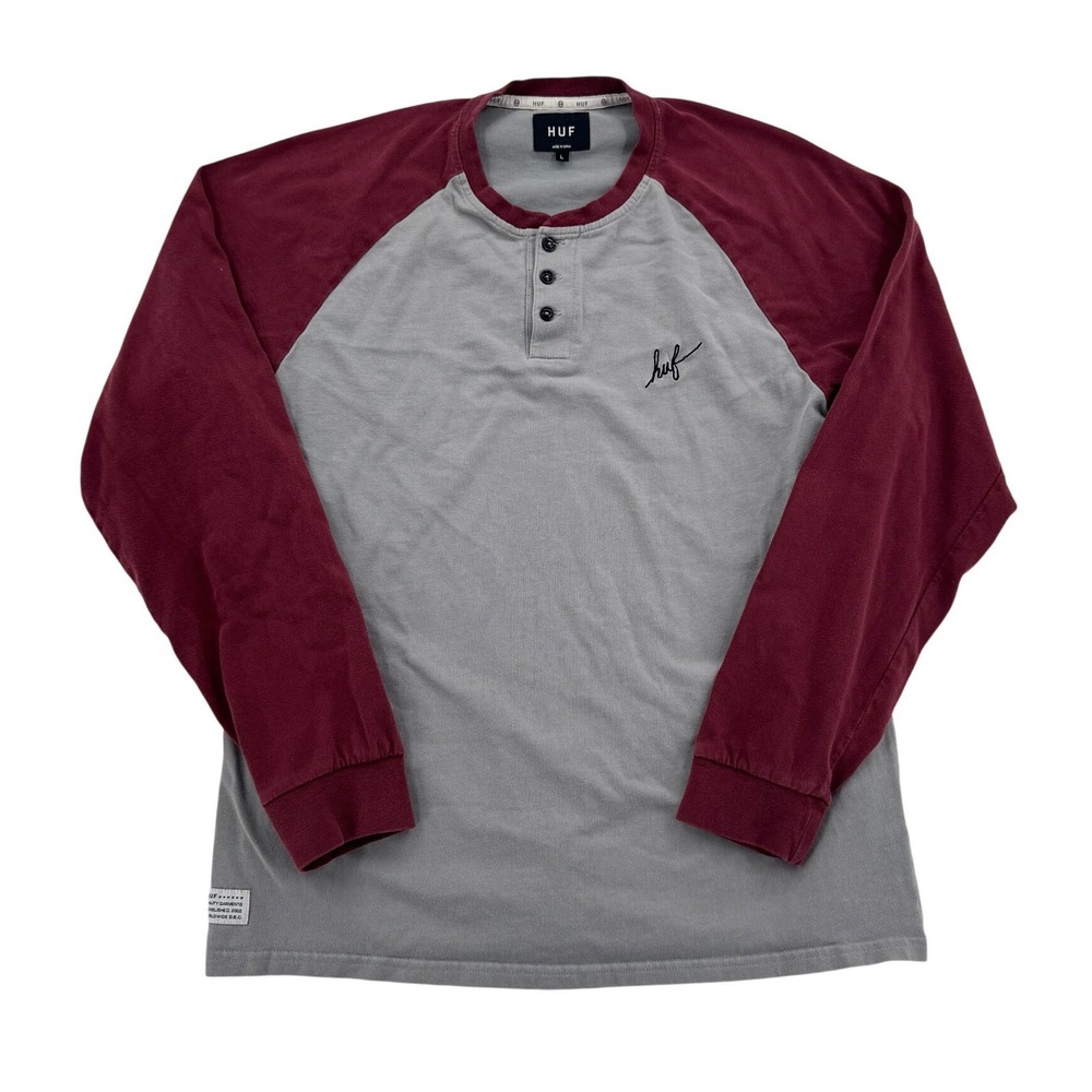 HUF Henley Shirt Mens Large Grey Burgundy Good Raglan Long Sleeve Embroidered